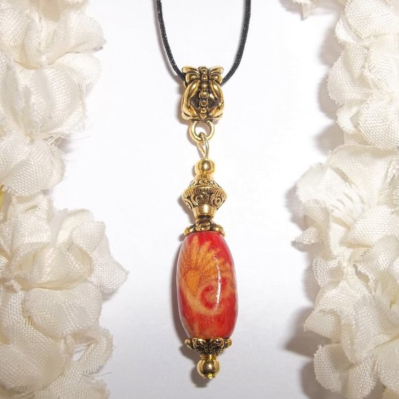Red & Gold Boho Necklace Pendant Adjustable 6500 - Picture 1 of 10